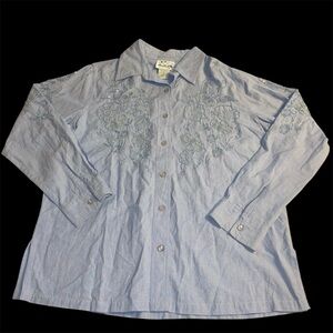 The Quacker Factory Women's Beaded Floral Chambray Button Down Shirt Large Flaw